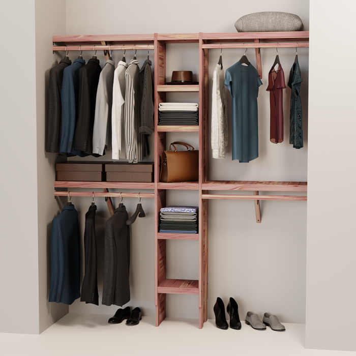 A closet wall kit made of aromatic red cedar, featuring multiple shelves and hanging rods within an organized closet space.