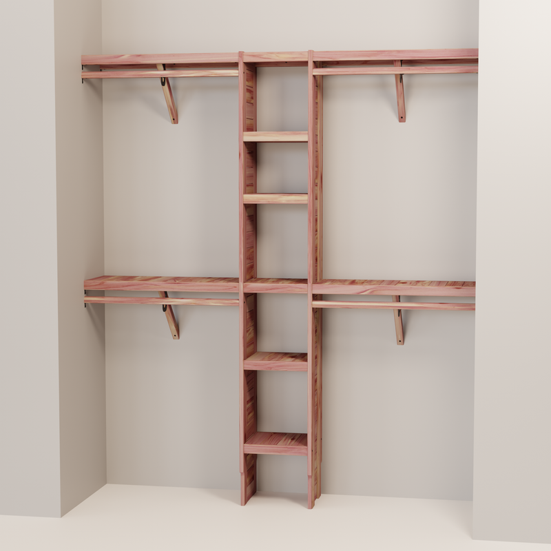 A closet wall kit made of aromatic red cedar, featuring multiple shelves and hanging rods within an organized closet space.