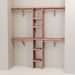 A closet wall kit made of aromatic red cedar, featuring multiple shelves and hanging rods within an organized closet space.