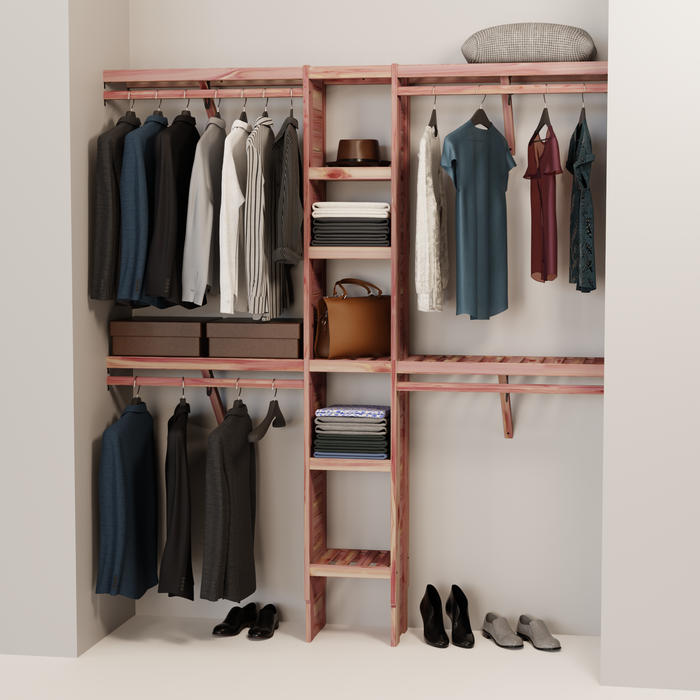 A closet wall kit made of aromatic red cedar, featuring multiple shelves and hanging rods within an organized closet space.