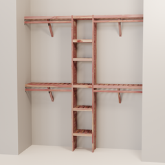 A closet wall kit made of aromatic red cedar, featuring multiple shelves and hanging rods within an organized closet space.