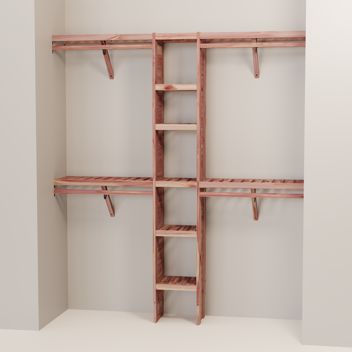 A closet wall kit made of aromatic red cedar, featuring multiple shelves and hanging rods within an organized closet space.