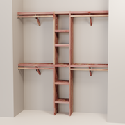 A closet wall kit made of aromatic red cedar, featuring multiple shelves and hanging rods within an organized closet space.