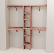 A closet wall kit made of aromatic red cedar, featuring multiple shelves and hanging rods within an organized closet space.