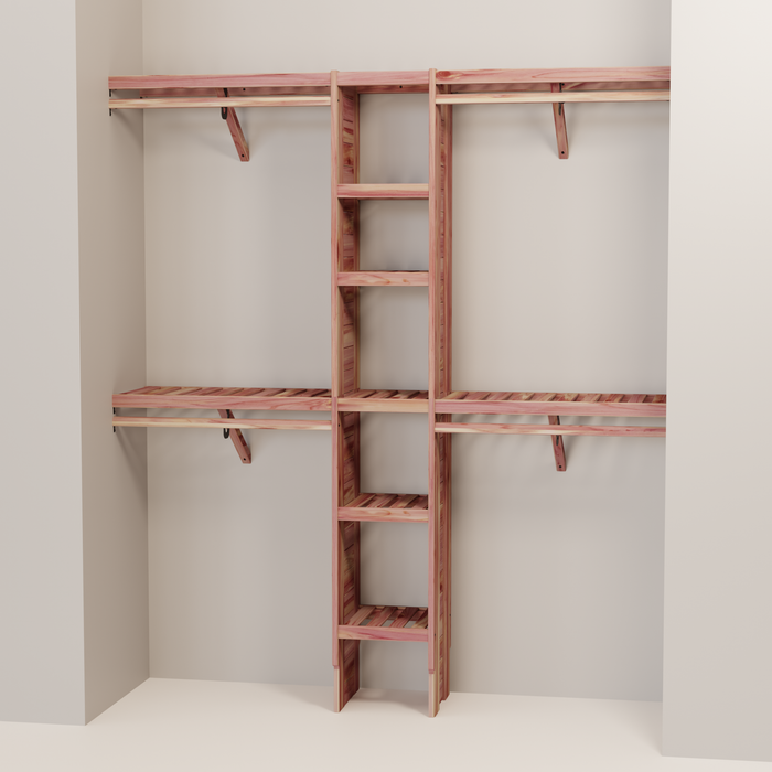A closet wall kit made of aromatic red cedar, featuring multiple shelves and hanging rods within an organized closet space.