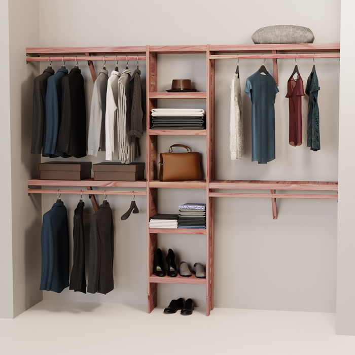 A closet wall kit made of aromatic red cedar, featuring multiple shelves and hanging rods within an organized closet space.