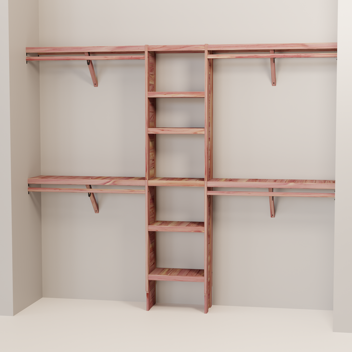 A closet wall kit made of aromatic red cedar, featuring multiple shelves and hanging rods within an organized closet space.