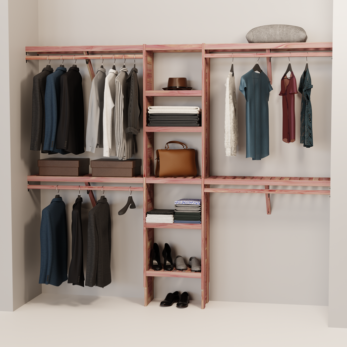A closet wall kit made of aromatic red cedar, featuring multiple shelves and hanging rods within an organized closet space.