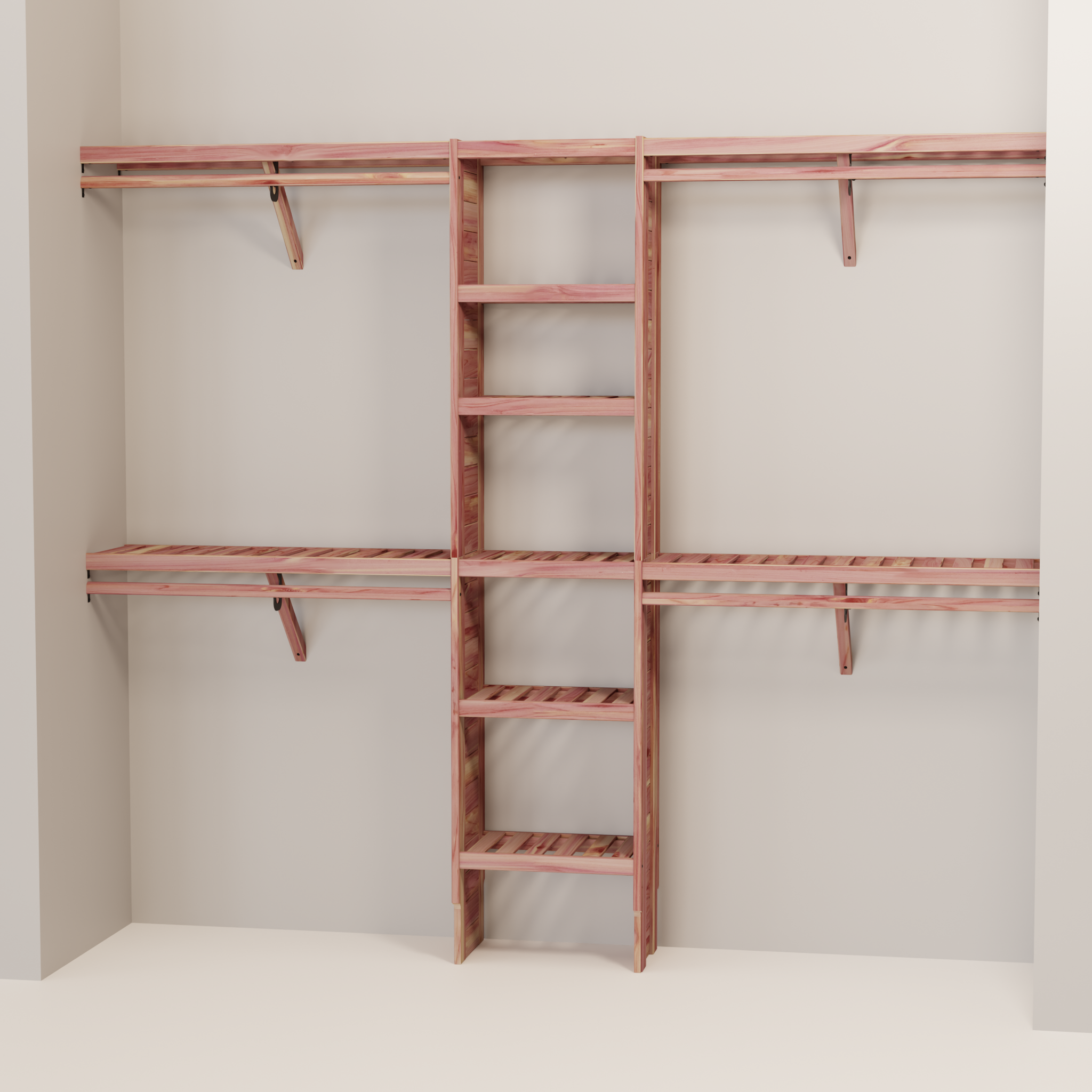 A closet wall kit made of aromatic red cedar, featuring multiple shelves and hanging rods within an organized closet space.