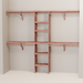 A closet wall kit made of aromatic red cedar, featuring multiple shelves and hanging rods within an organized closet space.