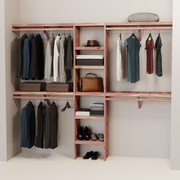 A closet wall kit made of aromatic red cedar, featuring multiple shelves and hanging rods within an organized closet space.
