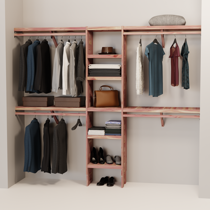 A closet wall kit made of aromatic red cedar, featuring multiple shelves and hanging rods within an organized closet space.