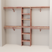 A closet wall kit made of aromatic red cedar, featuring multiple shelves and hanging rods within an organized closet space.