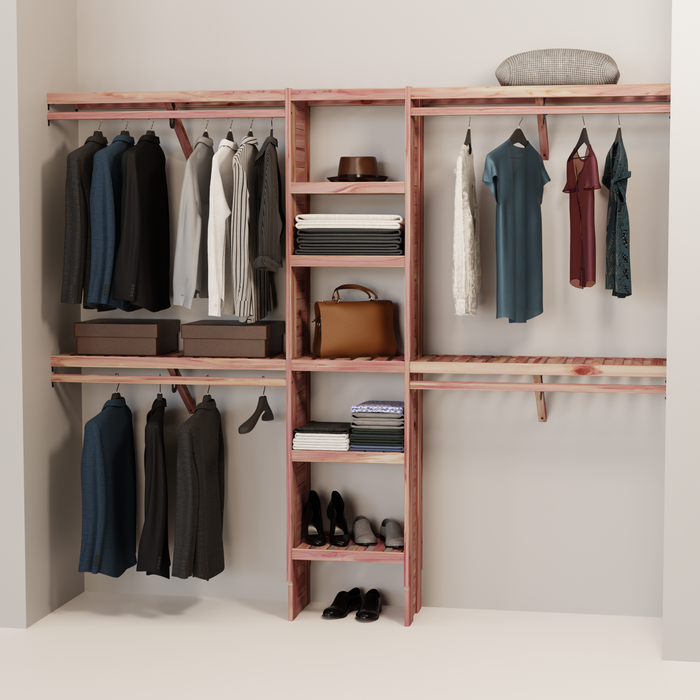 A closet wall kit made of aromatic red cedar, featuring multiple shelves and hanging rods within an organized closet space.