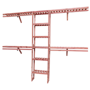 A closet wall kit made of aromatic red cedar, featuring multiple shelves and hanging rods within an organized closet space.