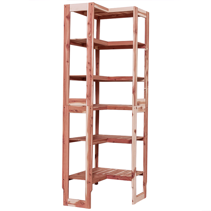 A free-standing aromatic red cedar corner cubby unit with multiple shelves.