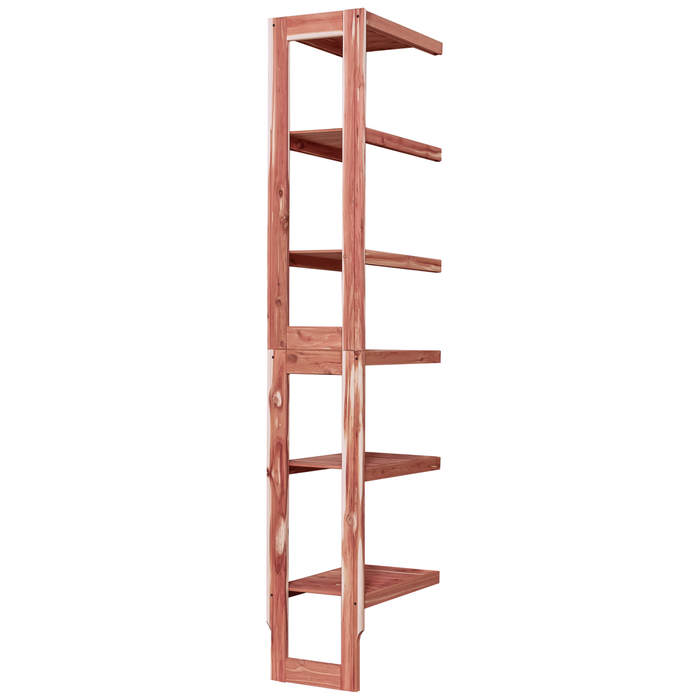 A wooden closet organizer add-on kit with multiple shelves, made from aromatic red cedar, with a natural finish.