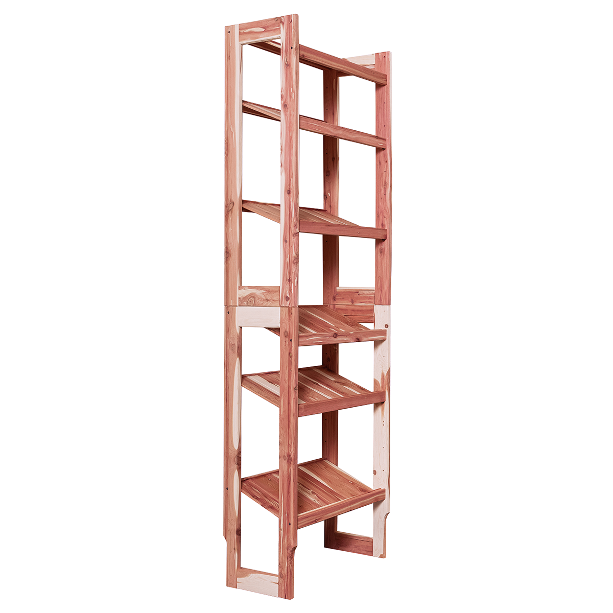 A free-standing aromatic red cedar shoe cubby with multiple solid shelves, flat-packed and ready for assembly.