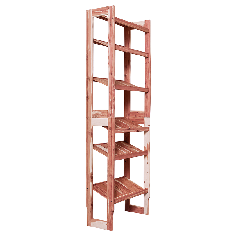 A free-standing aromatic red cedar shoe cubby with multiple solid shelves, flat-packed and ready for assembly.