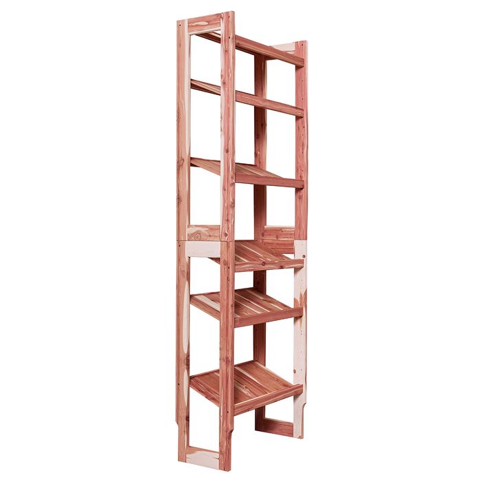 A free-standing aromatic red cedar shoe cubby with multiple solid shelves, flat-packed and ready for assembly.