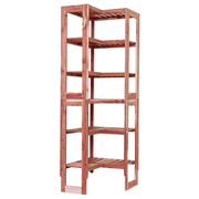 A free-standing aromatic red cedar corner cubby unit with multiple shelves.