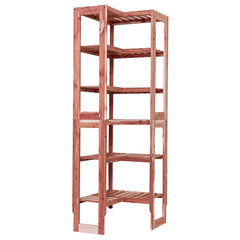 A free-standing aromatic red cedar corner cubby unit with multiple shelves.