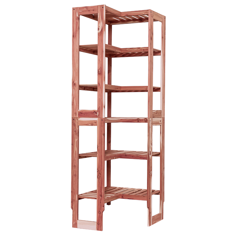 A free-standing aromatic red cedar corner cubby unit with multiple shelves.