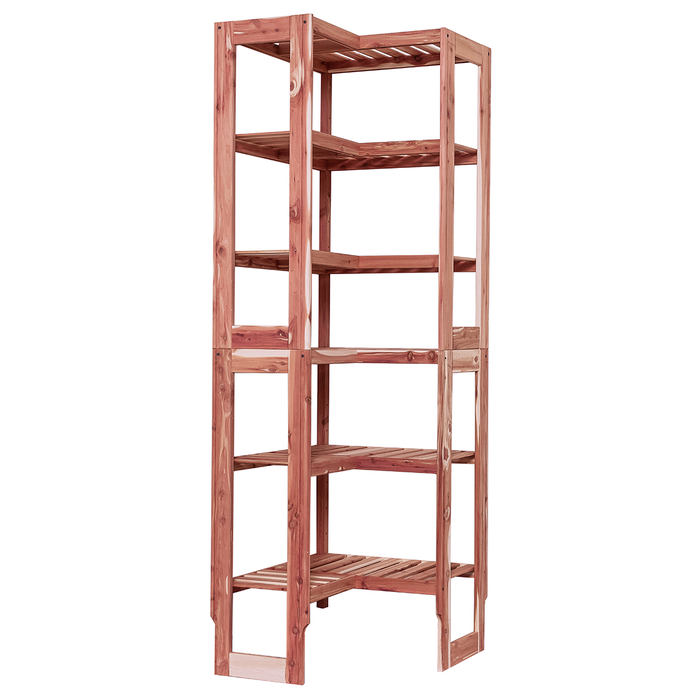 A free-standing aromatic red cedar corner cubby unit with multiple shelves.