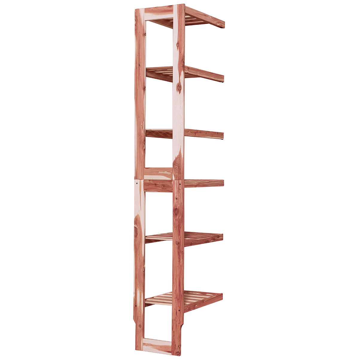 A wooden closet organizer add-on kit with multiple shelves, made from aromatic red cedar, with a natural finish.