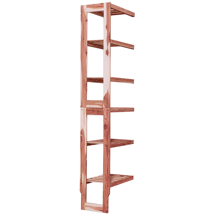 A wooden closet organizer add-on kit with multiple shelves, made from aromatic red cedar, with a natural finish.