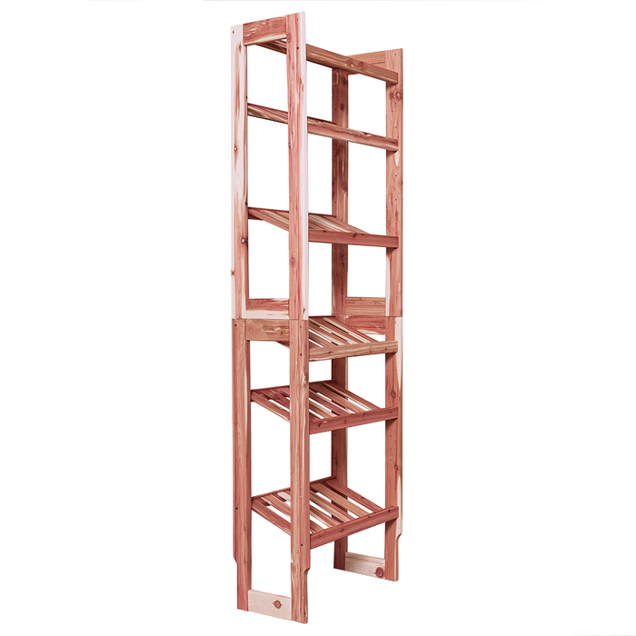 A free-standing aromatic red cedar shoe cubby with multiple vented shelves, flat-packed and ready for assembly.