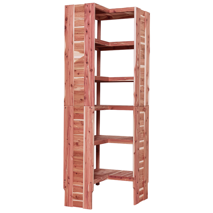 A free-standing aromatic red cedar corner cubby unit with multiple shelves.
