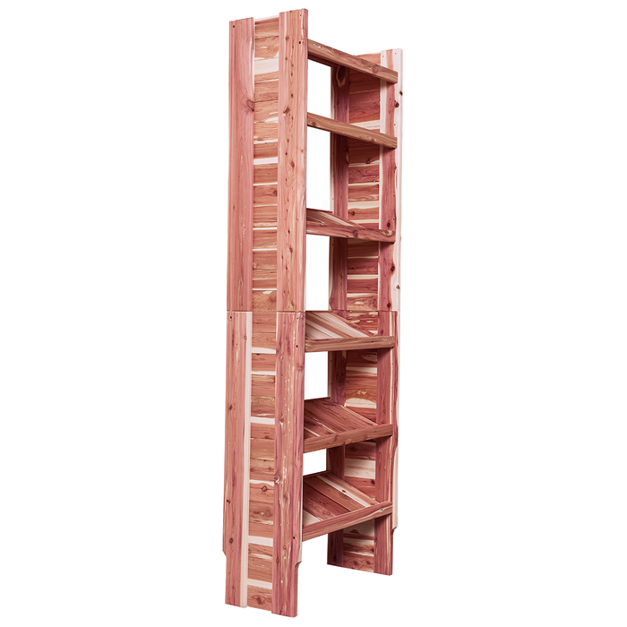 A free-standing aromatic red cedar shoe cubby with multiple solid shelves, flat-packed and ready for assembly.