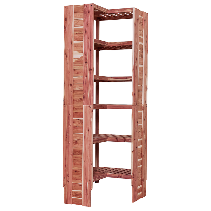 A free-standing aromatic red cedar corner cubby unit with multiple shelves.