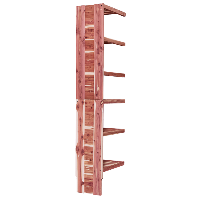 A wooden closet organizer add-on kit with multiple shelves, made from aromatic red cedar, with a natural finish.