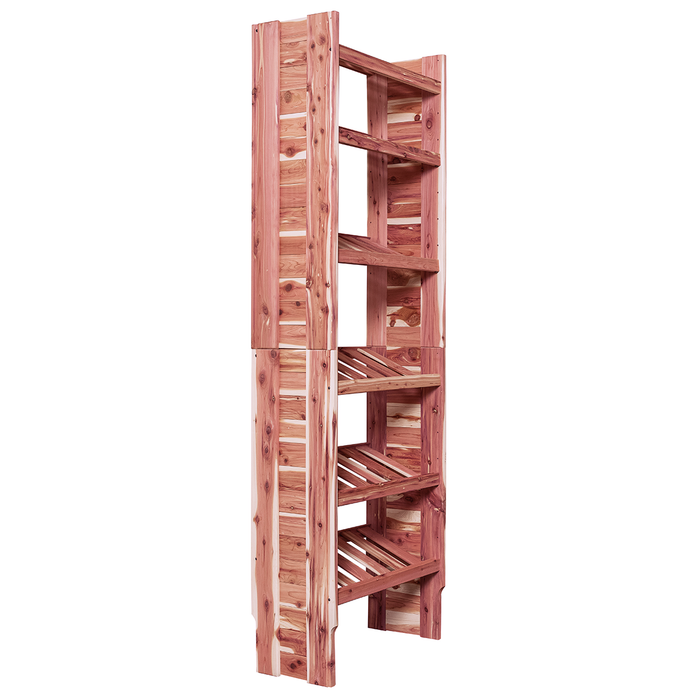 A free-standing aromatic red cedar shoe cubby with multiple vented shelves, flat-packed and ready for assembly.