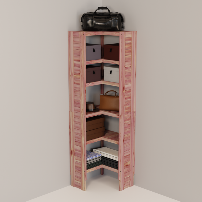 A free-standing aromatic red cedar corner cubby unit with multiple shelves.
