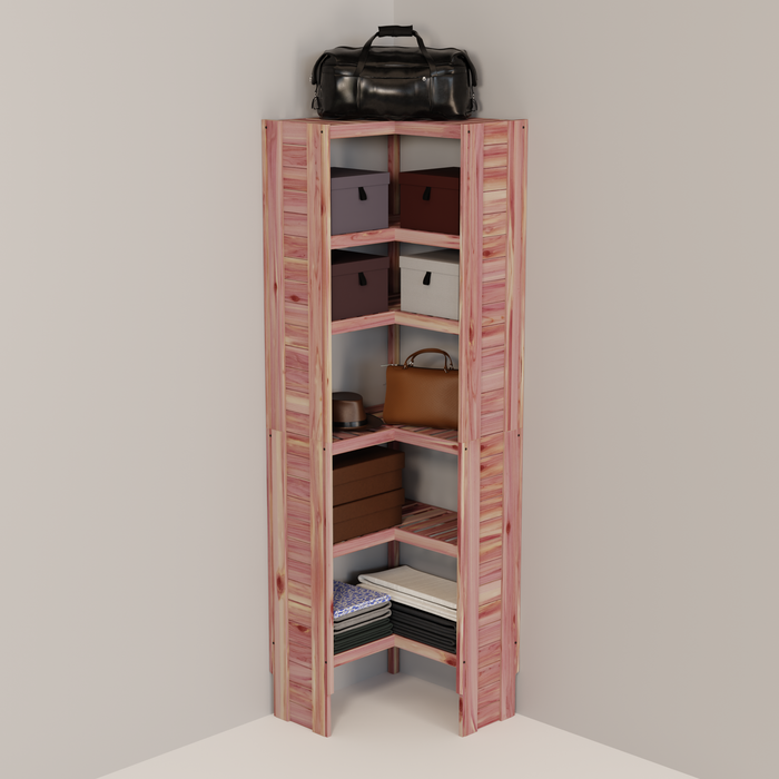 A free-standing aromatic red cedar corner cubby unit with multiple shelves.