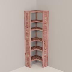 A free-standing aromatic red cedar corner cubby unit with multiple shelves.
