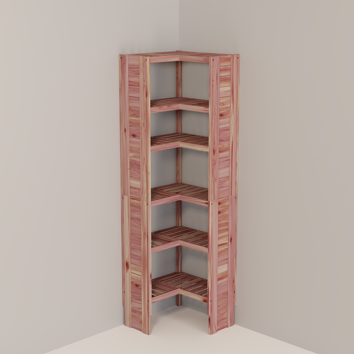 A free-standing aromatic red cedar corner cubby unit with multiple shelves.