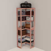 A free-standing aromatic red cedar corner cubby unit with multiple shelves.
