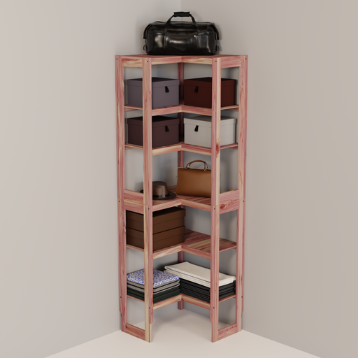 A free-standing aromatic red cedar corner cubby unit with multiple shelves.