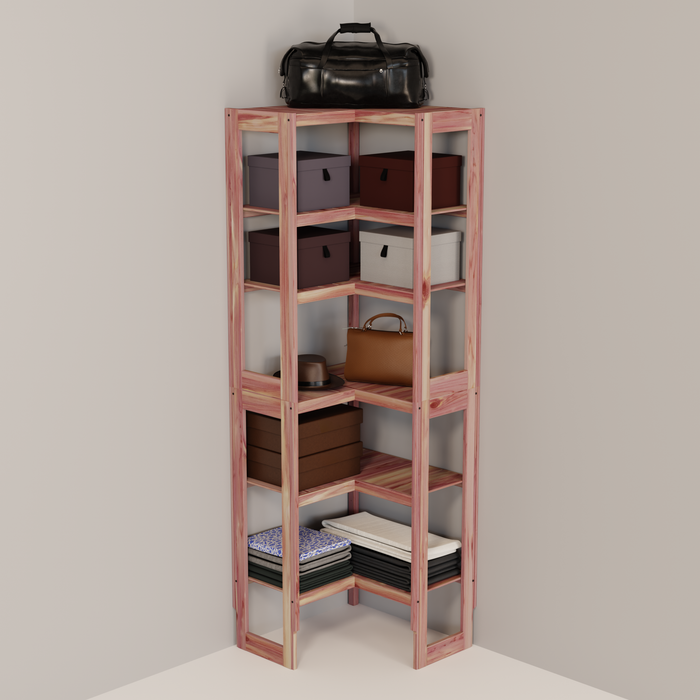 A free-standing aromatic red cedar corner cubby unit with multiple shelves.