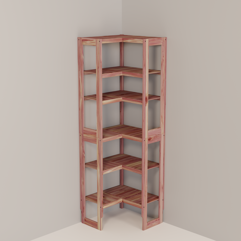 A free-standing aromatic red cedar corner cubby unit with multiple shelves.