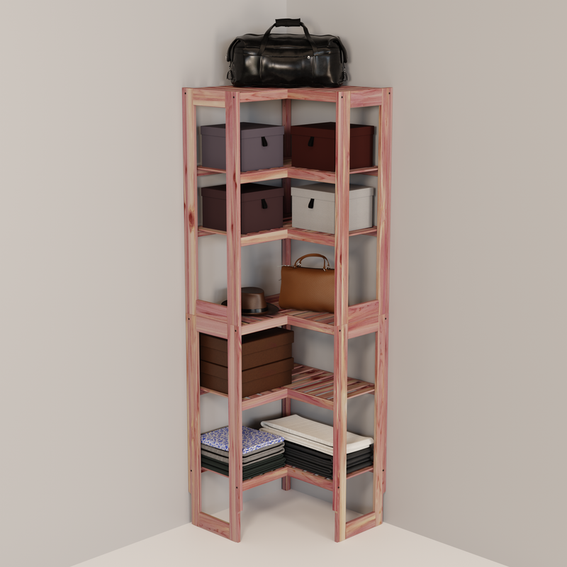 A free-standing aromatic red cedar corner cubby unit with multiple shelves.