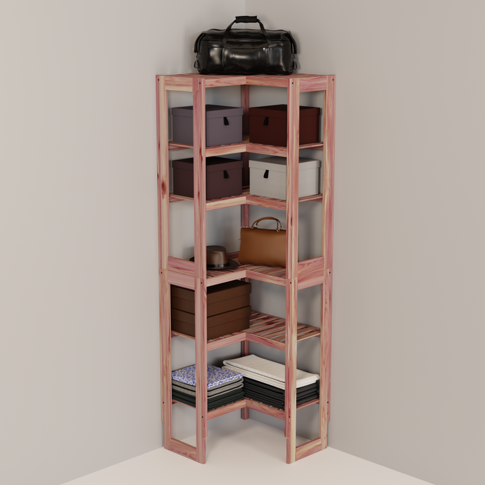 A free-standing aromatic red cedar corner cubby unit with multiple shelves.