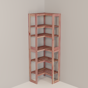 A free-standing aromatic red cedar corner cubby unit with multiple shelves.