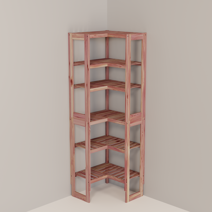 A free-standing aromatic red cedar corner cubby unit with multiple shelves.