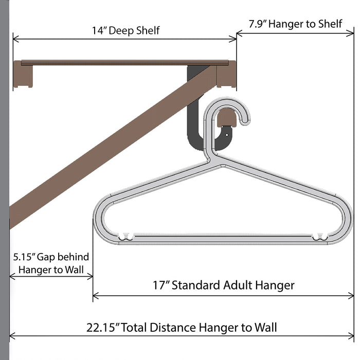 Measurement diagram of a hanger and shelf setup.