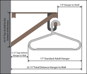 Measurement diagram of a hanger and shelf setup with dimensions labeled.
